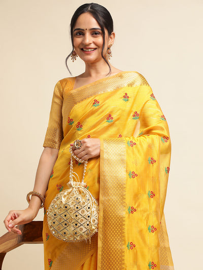 Indyancart GR Women's Jasmin Yellow Cotton Silk Saree