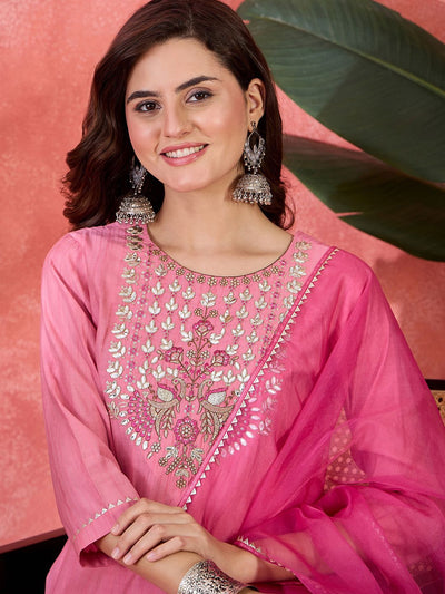 Indyancart SN Women's Zari Sequin & Mirror Work Embroidered Straight Kurta & Trousers With Dupatta