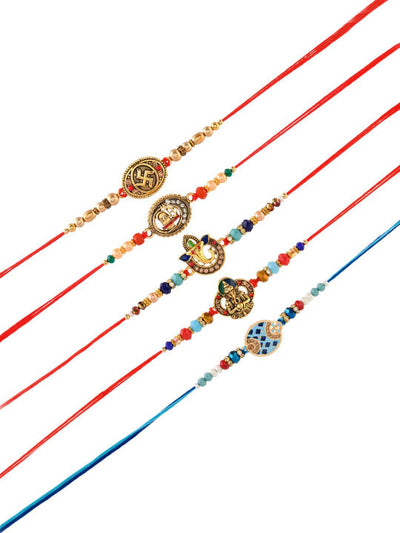 Indyancart Set Of 5 Divine Beaded Thread Rakhi With Roli Chawal & Greetings Card