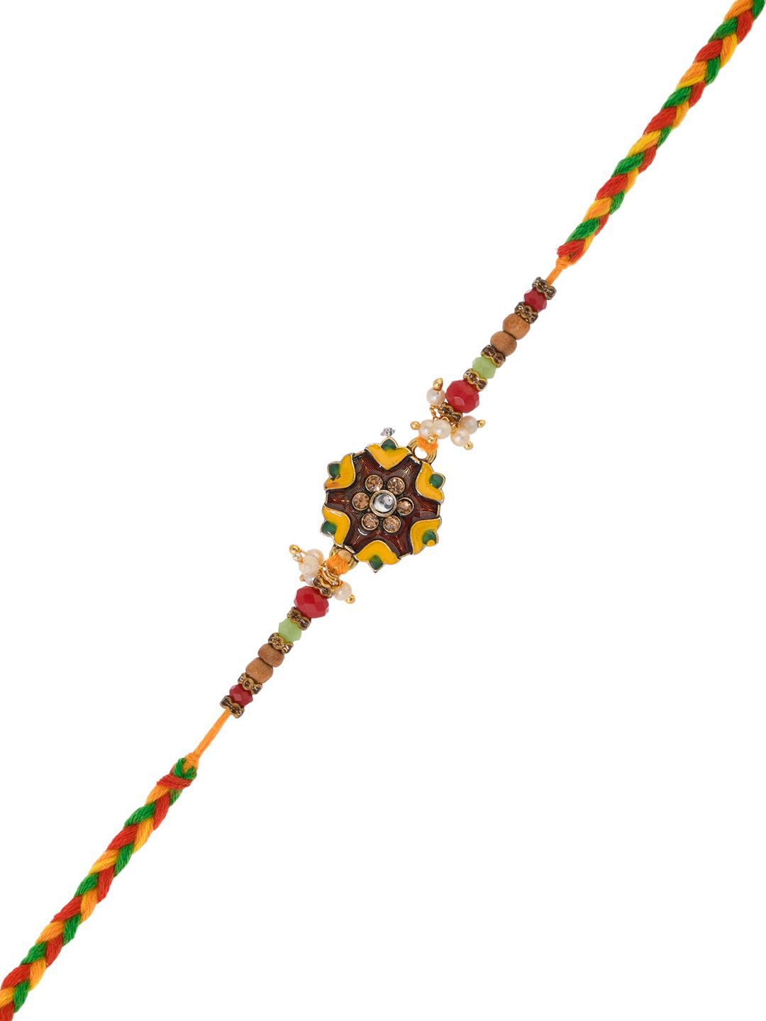 Anouk Green Stone Studded & Beaded Thread Rakhi With Roli Chawal With Greeting Card