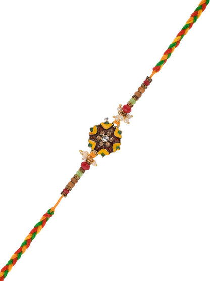 Anouk Green Stone Studded & Beaded Thread Rakhi With Roli Chawal With Greeting Card