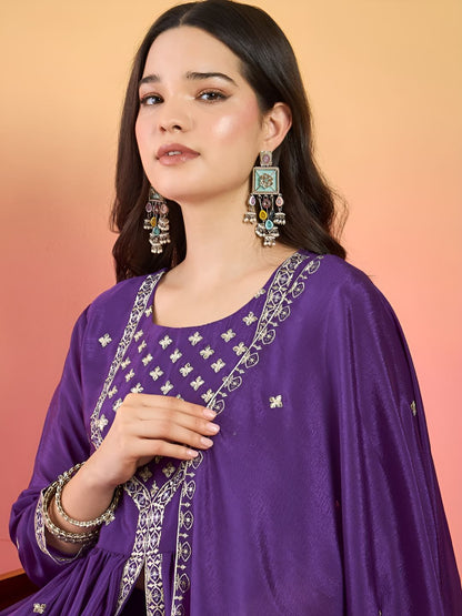 Indyancart VA Floral Embroidered Thread Work Kurta With Palazzos & Dupatta