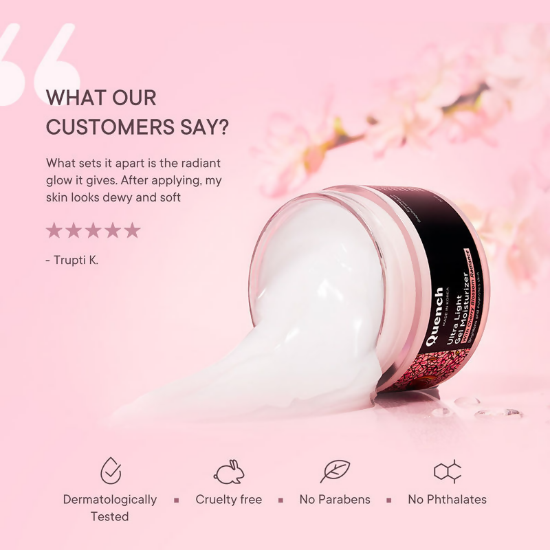 Quench Ultra Light Gel Moisturizer with cherry blossom and niacinamide for brightening, shown in a clear jar.