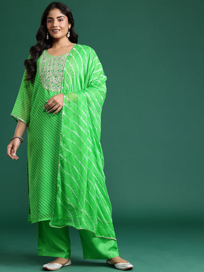 Indyancart Women's Leheriya Printed Mirror Work Kurta with Palazzos & Dupatta
