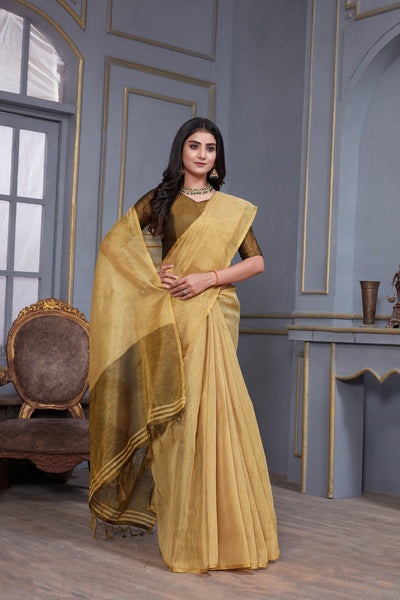 Indyancart GR Women's Jheel Byrd Beige & Brown Zari Woven Design Linen Jacquard Saree