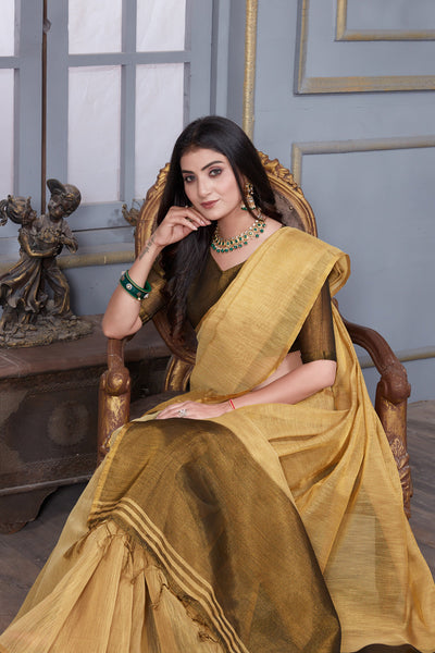 Indyancart GR Women's Jheel Byrd Beige & Brown Zari Woven Design Linen Jacquard Saree