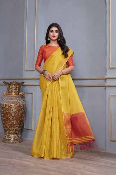 Indyancart GR Women's Jheel Honey Gold & Red Zari Woven Design Linen Jacquard Saree
