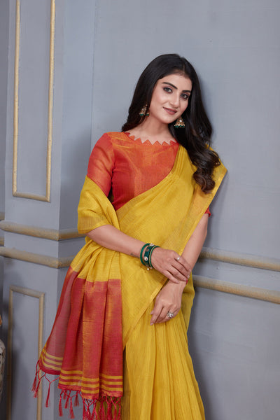 Indyancart GR Women's Jheel Honey Gold & Red Zari Woven Design Linen Jacquard Saree