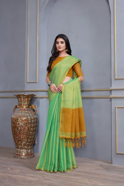 Indyancart GR Women's Jheel Fern Green & Gold Zari Woven Design Linen Jacquard Saree