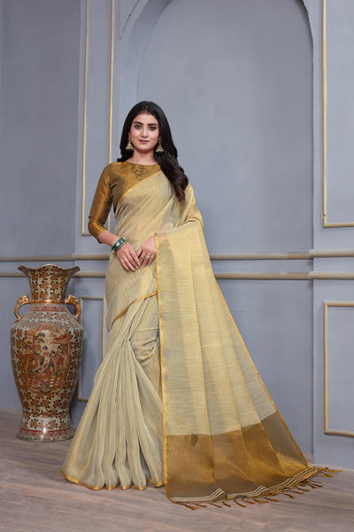 Indyancart GR Women's Jheel Frost Grey & Gold Zari Woven Design Linen Jacquard Saree