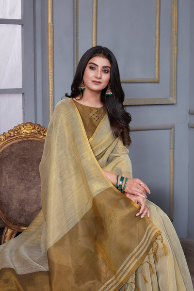 Indyancart GR Women's Jheel Frost Grey & Gold Zari Woven Design Linen Jacquard Saree
