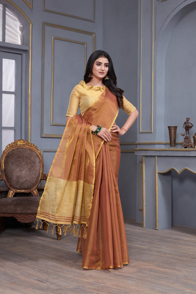 Indyancart GR Women's Jheel Dusty Mauve & Gold Zari Woven Design Linen Jacquard Saree
