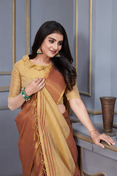 Indyancart GR Women's Jheel Dusty Mauve & Gold Zari Woven Design Linen Jacquard Saree