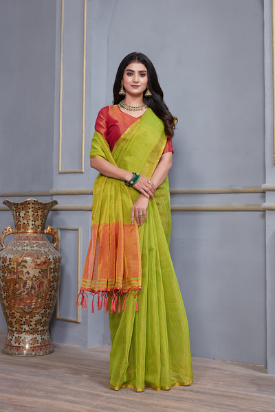 Indyancart GR Women's Jheel Caramboa Green & Red Zari Woven Design Linen Jacquard Saree