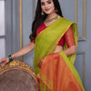 Dhiyona GR Women's Jheel Caramboa Green & Red Zari Woven Design Linen Jacquard Saree