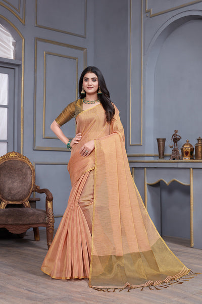 Indyancart GR Women's Jheel Peachy Pink & Gold Zari Woven Design Linen Jacquard Saree