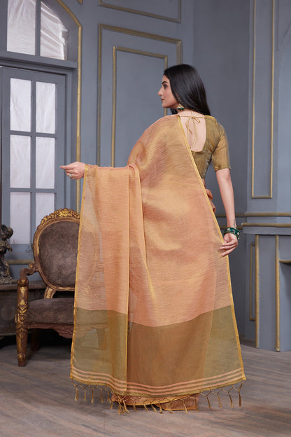 Dhiyona GR Women's Jheel Peachy Pink & Gold Zari Woven Design Linen Jacquard Saree