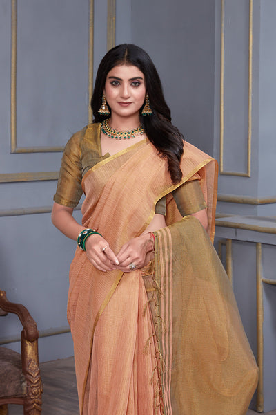 Indyancart GR Women's Jheel Peachy Pink & Gold Zari Woven Design Linen Jacquard Saree
