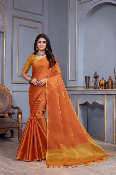 Indyancart GR Women's Jheel Vermilion Red & Gold Zari Woven Design Linen Jacquard Saree