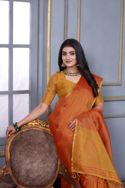 Indyancart GR Women's Jheel Vermilion Red & Gold Zari Woven Design Linen Jacquard Saree