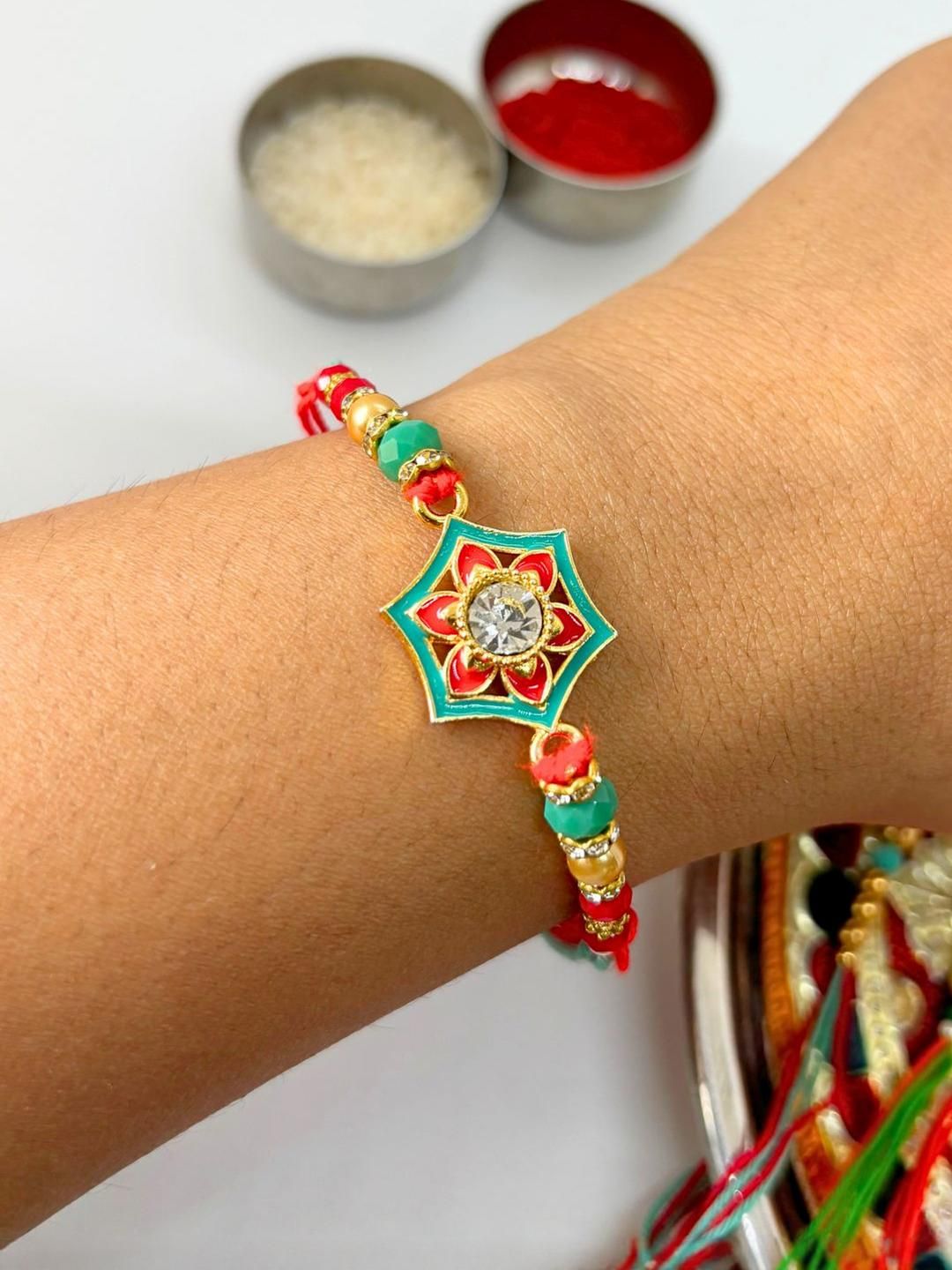 Anouk 3 pcs Meenakari Kundan Traditional Handmade Rakhi for Brother