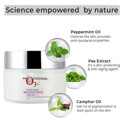 Professional O3+ D-Tan Scrub for brightening and glow boosting, showing a tube of exfoliating scrub with natural ingredients.