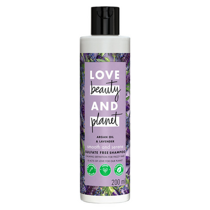 Love Beauty and Planet argan oil and lavender shampoo bottle for dry and frizzy hair, sulfate-free hair care product.