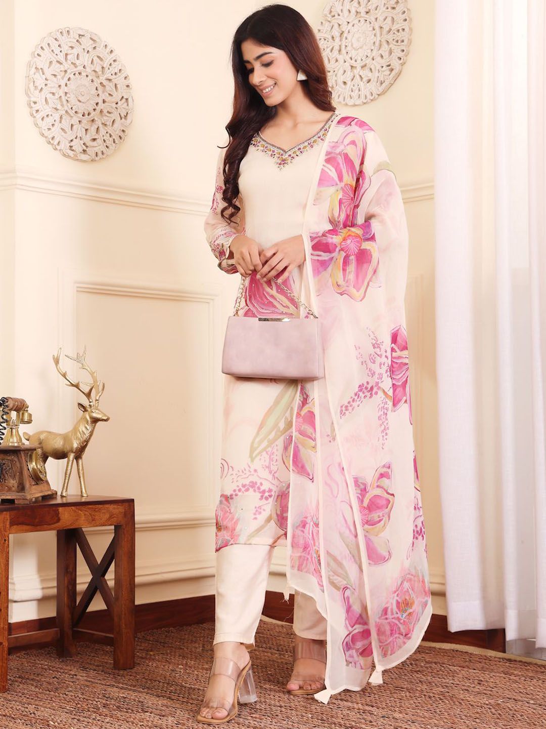 Indyancart VA Floral Embroidered Pure Silk Straight Kurta with Palazzos & With Dupatta