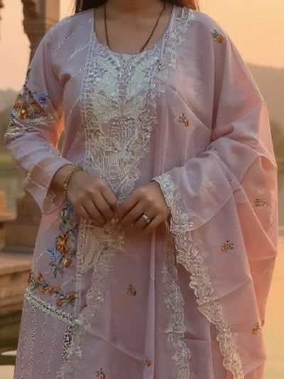 Indyancart IE Women Floral Embroidered Cotton Kurta with Trousers & Dupatta