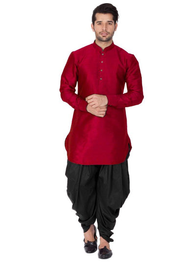 Men's Maroon Silk Blend Pathani Kurta and Dhoti Set