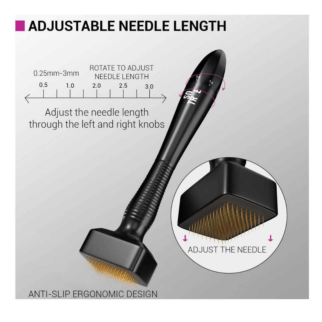 Sotrue Derma Stamp for hair growth with adjustable needles from 0.25mm to 3mm, a face care tool for skin rejuvenation.