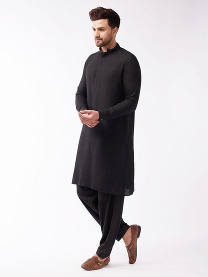 Men's Black Cotton Blend Straight Kurta Pyjama Set