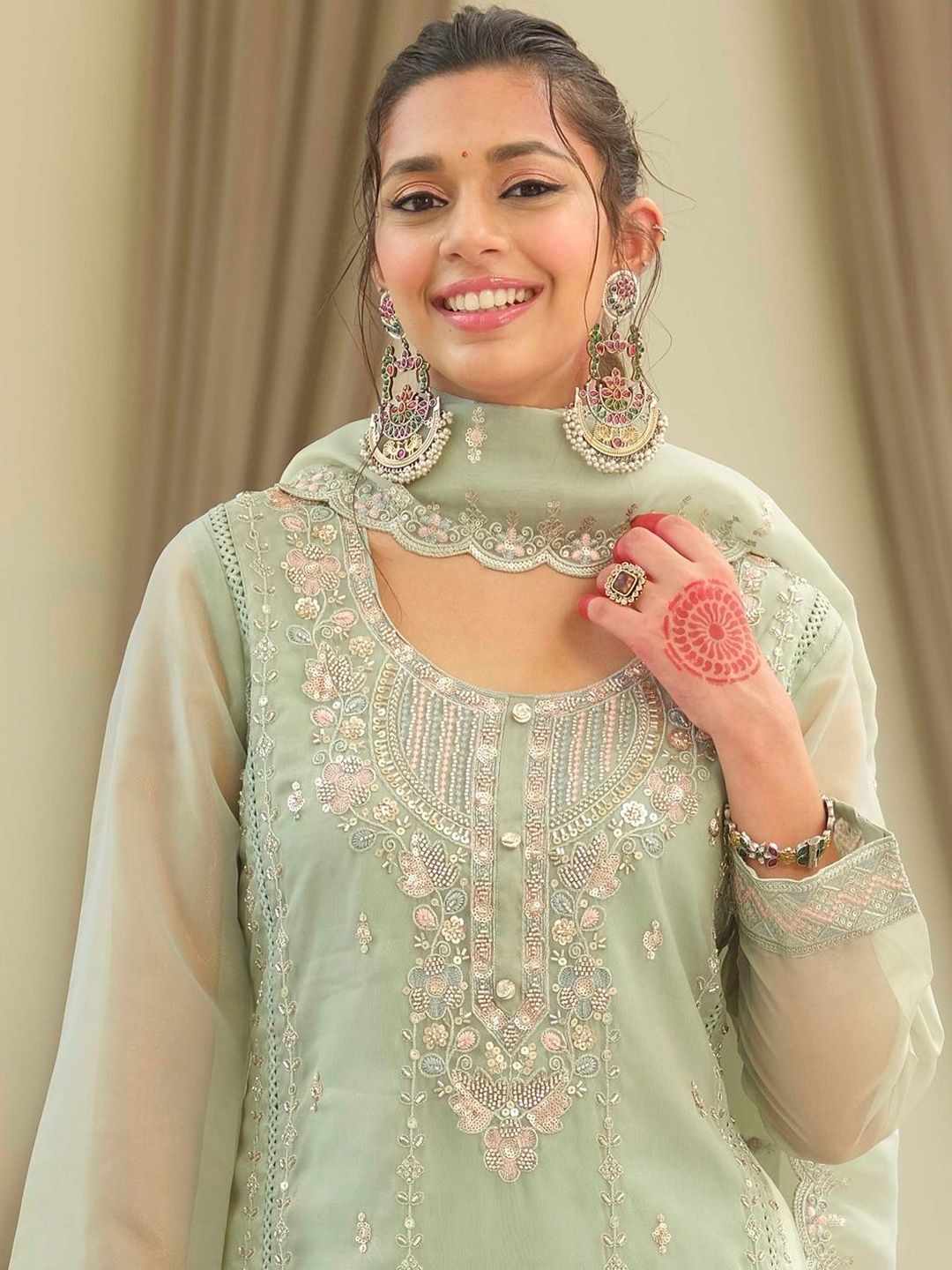 Ethnic Motifs Embroidered Round Neck Straight Kurta With Trousers & Dupatta