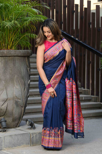 Indyancart GR Women's Jodha Navy Blue Jamewar Kashmiri Soft Modal Silk Saree