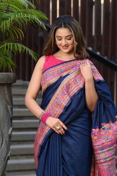Indyancart GR Women's Jodha Navy Blue Jamewar Kashmiri Soft Modal Silk Saree