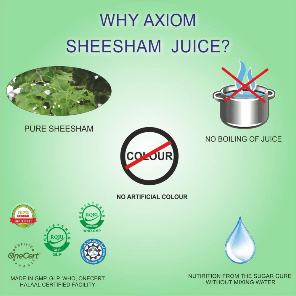Axiom Sheesham Juice in a glass, showcasing a vibrant, herbal Ayurvedic drink made from Sheesham for health and wellness.