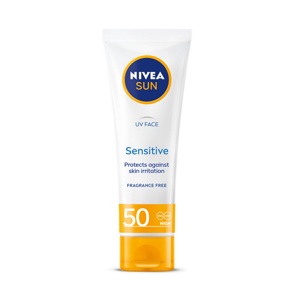 Nivea Sun Sensitive Skin SPF 50 sunscreen tube with a white cap and light blue packaging for sensitive skin protection.