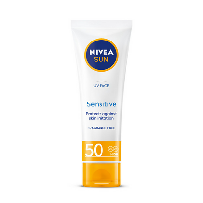 Nivea Sun Sensitive Skin SPF 50 sunscreen tube with a white cap and light blue packaging for sensitive skin protection.