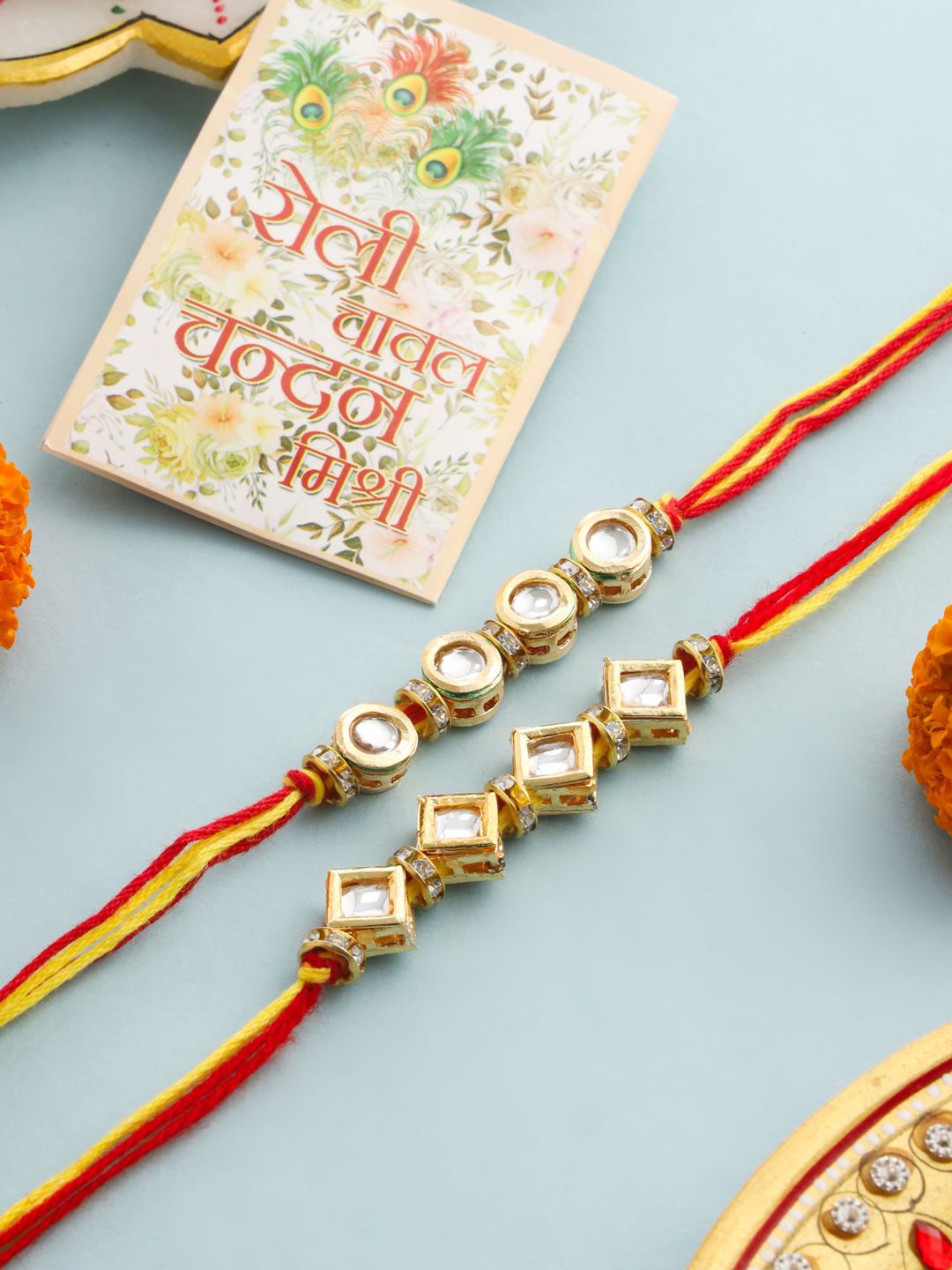 Anouk Kundan Studded Bhaiya Bhabhi Rakhis With Roli Chawal Chandan & Mishri