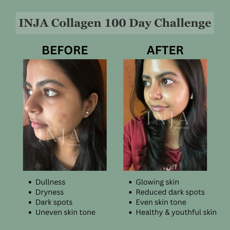 Inja Beauty Collagen skin supplement bottle with orange flavor, featuring biotin, vitamin C, and glutathione for hair, skin, and nails.