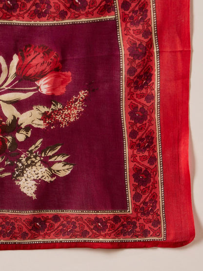 Indyancart IE Floral Printed Angrakha Mirror Work Pure Cotton Kurta With Trousers & Dupatta