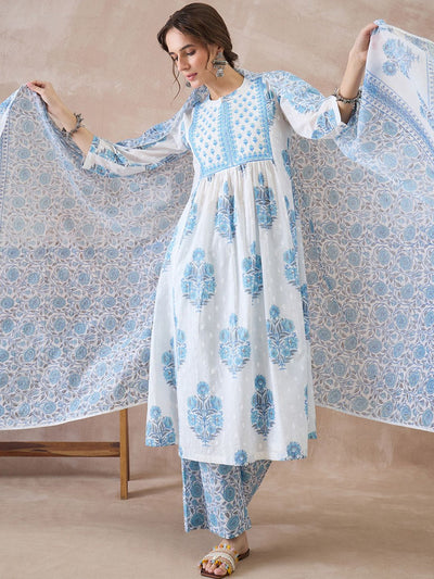 Indyancart IE Women Floral Printed Panelled Pure Cotton Kurta with Trousers & With Dupatta