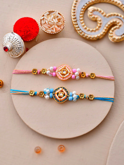 Anouk Set Of 2 Kundan Studded Thread Rakhi With Roli Chawal & Greetings Card