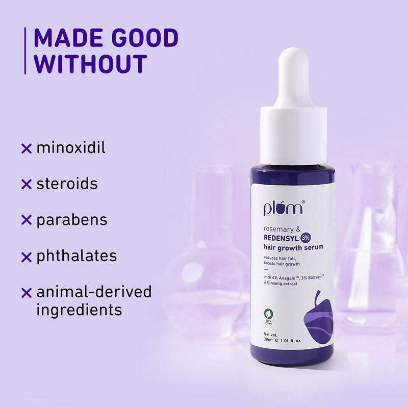 Plum Rosemary & 3% Redensyl Hair Growth Serum bottle with dropper, designed to promote hair growth and strengthen hair strands.