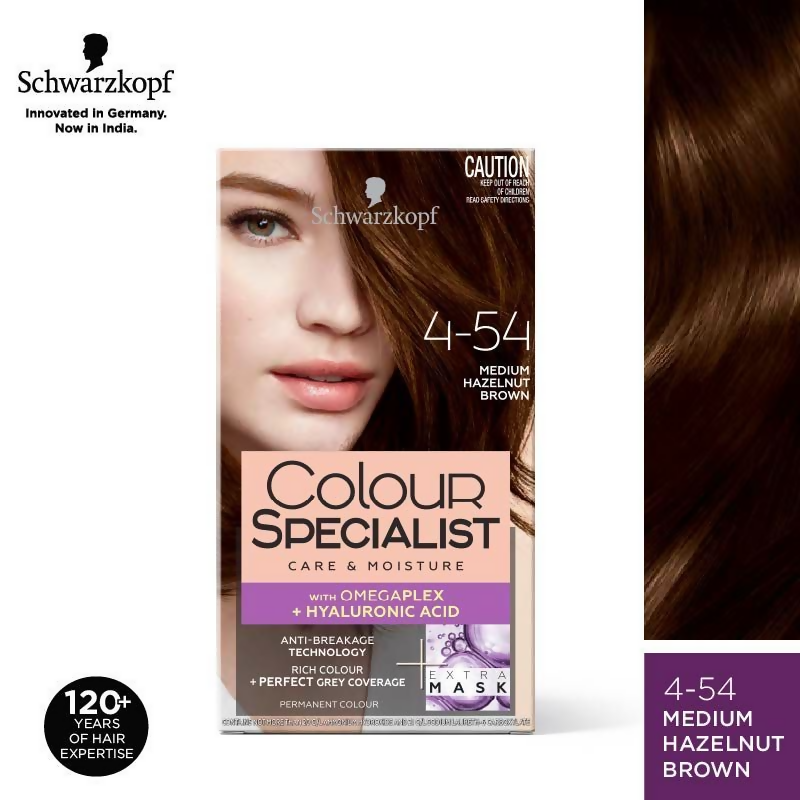Schwarzkopf Colour Specialist permanent hair color in 4.54 Medium Hazelnut Brown, showing the rich, warm brown shade in the image.