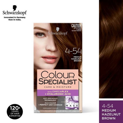 Schwarzkopf Colour Specialist permanent hair color in 4.54 Medium Hazelnut Brown, showing the rich, warm brown shade in the image.
