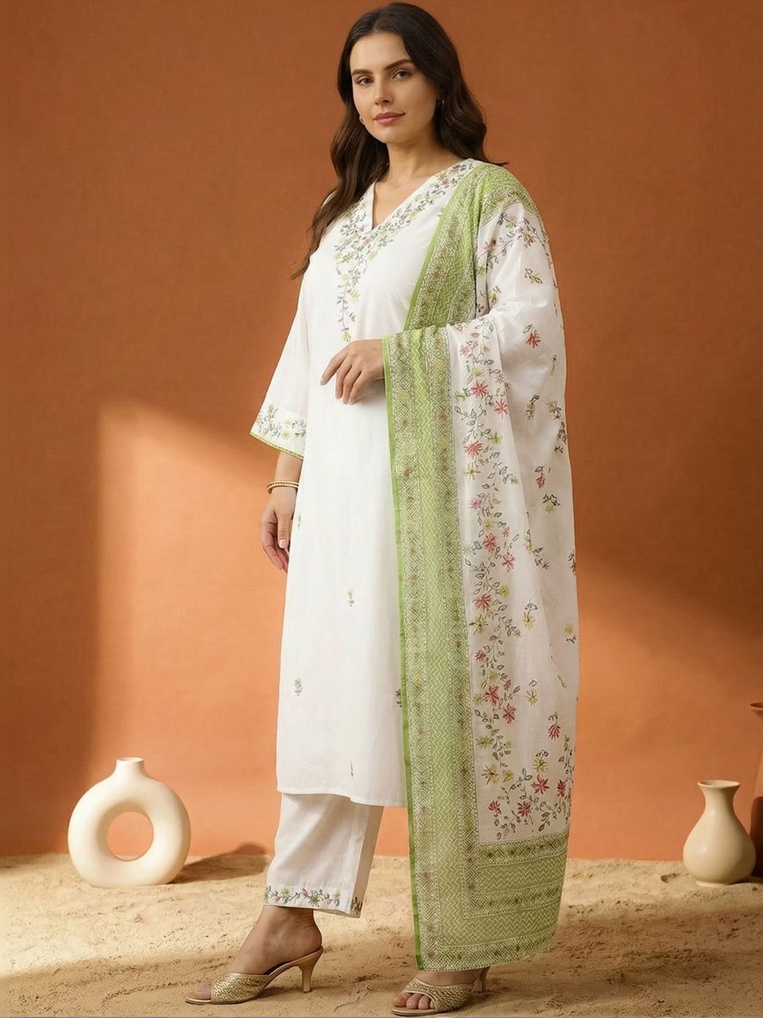 Indyancart Women's Floral Embroidered Regular Thread Work Pure Cotton Kurta with Trousers & With Dupatta