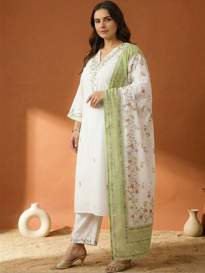 Indyancart Women's Floral Embroidered Regular Thread Work Pure Cotton Kurta with Trousers & With Dupatta