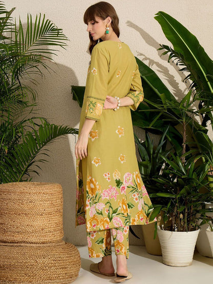 Indyancart IE Printed Notch Neck Straight Pure Cotton Kurta With Pants