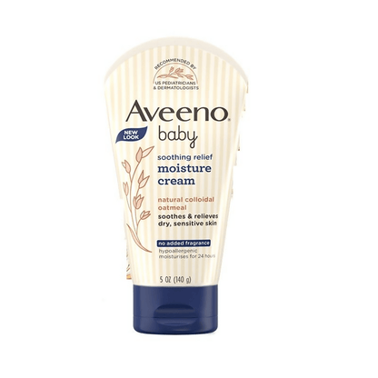 Aveeno Baby Soothing Relief Face & Body Moisture Cream with oatmeal for dry, sensitive baby skin, shown in a tube.